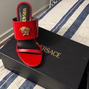 Versace Red Sandals with Gold Medusa Emblem
